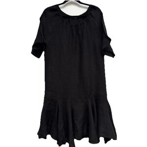 Camille &Co Black Linen Peasant Style Dress Size S Ruffle Staggered Hemline‎